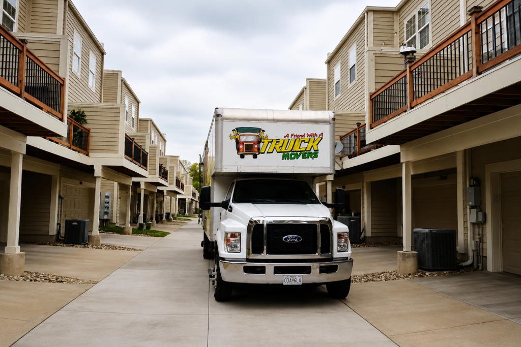 A Friend With A Truck Movers truck at a Shawnee KS apartment and townhome community