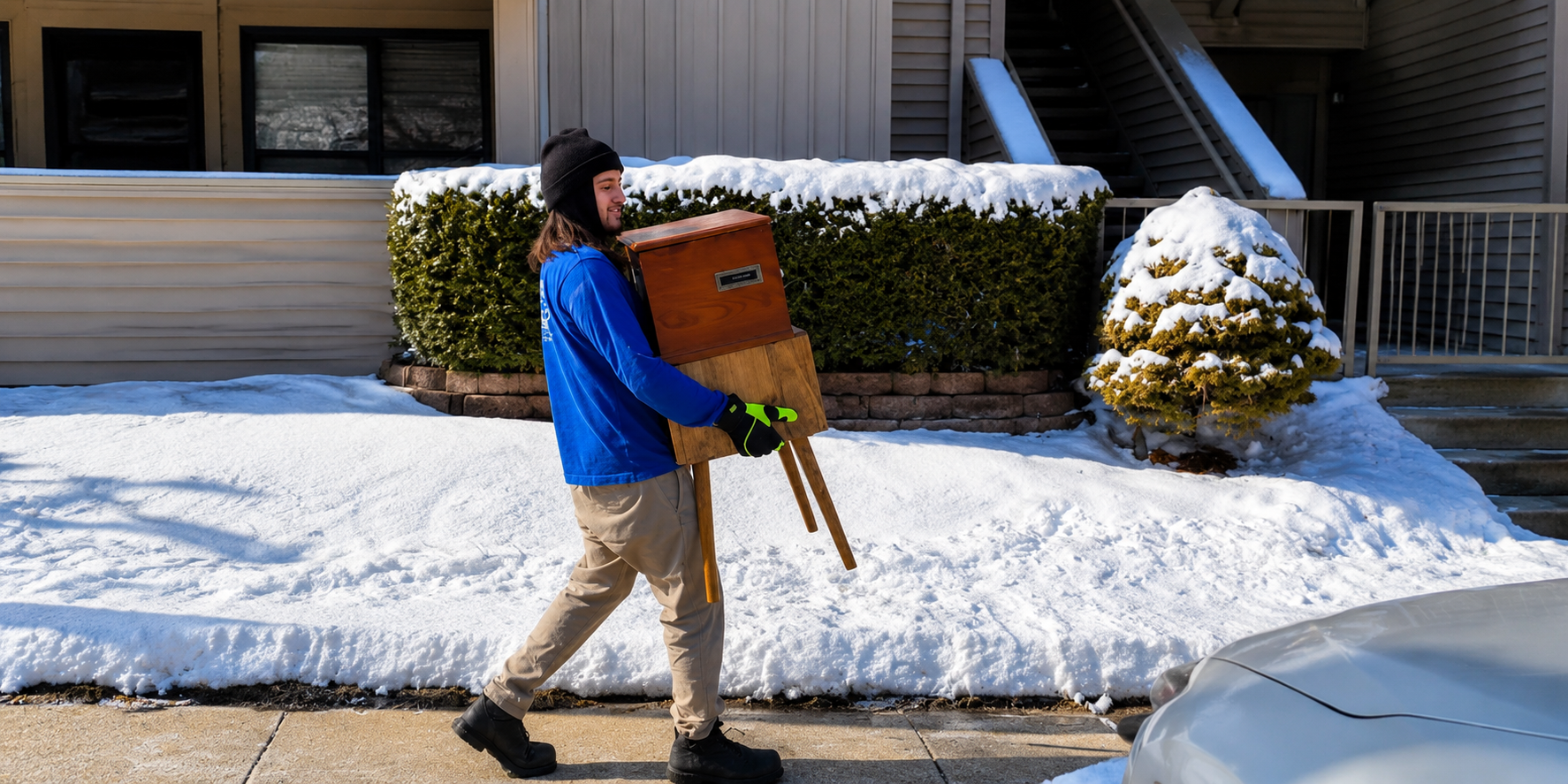 A Friend With A Truck Movers employee carrying furniture during a winter apartment move in Kansas City